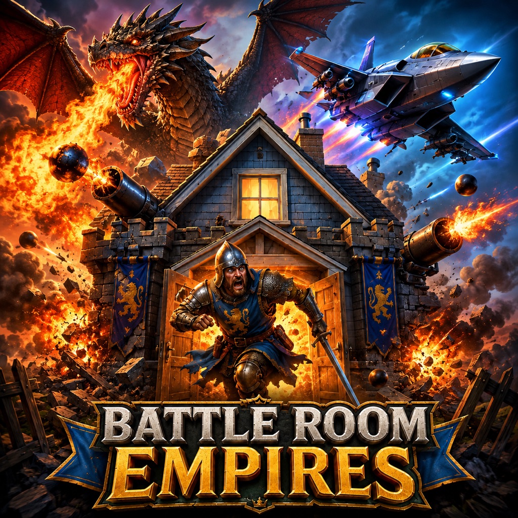 Battle Room Empire key art: a knight bursts from a fortified house as a dragon and fighter jet battle overhead.